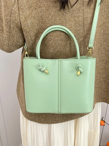 Fashion Women PU Leather Bucket Bag Minimalist Solid Color Crossbody Handbag With Stitching Knot Gold Hardware Office Daily