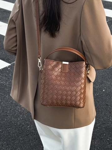 Damen Gewebte Eimertasche Retro PU Leder Handtasche Einzelne Schulter Umhängetasche Hochwertige Pendeltasche Mode Tasche