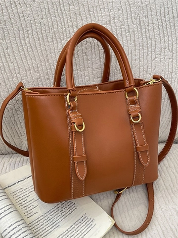 Mode Damen PU Leder Beuteltasche Kontrastnähte Handtasche Vielseitige Schultertasche Umhängetasche Mit Metallring Dekor