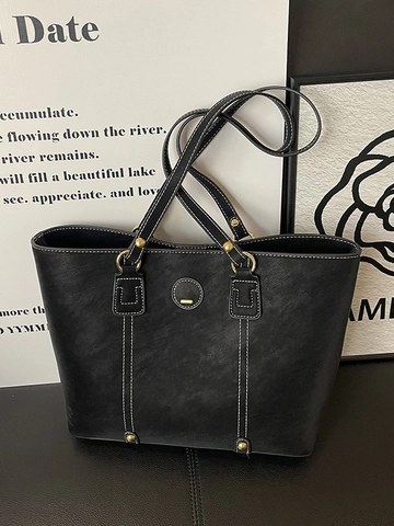 Grand Sac Cabas Femme en Cuir PU avec Surpiqûres Contrastées Sac à Épaule Rétro Décontracté à Main pour Trajet Quotidien Bureau