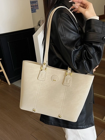 Grand Sac Cabas Femme en Cuir PU avec Surpiqûres Contrastées Sac à Épaule Rétro Décontracté à Main pour Trajet Quotidien Bureau