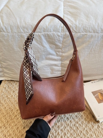 Bolso de Axila de Cuero PU para Mujer Vintage Media Luna Hobo Bag Con Pañuelo de Seda Decoración Color Sólido Cremallera Bolso
