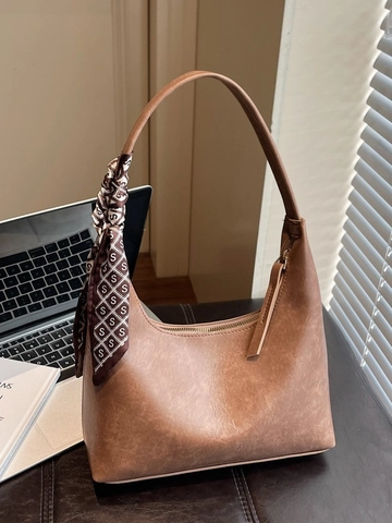 Bolso de Axila de Cuero PU para Mujer Vintage Media Luna Hobo Bag Con Pañuelo de Seda Decoración Color Sólido Cremallera Bolso