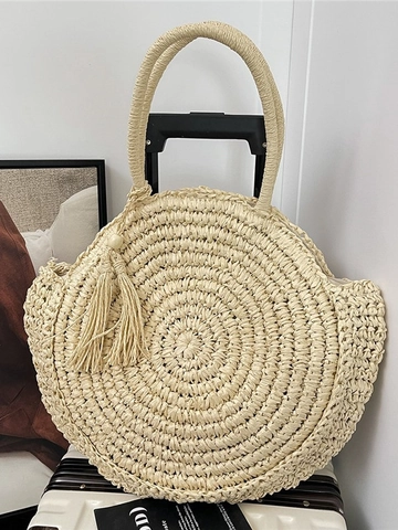 Women Large Round Straw Shoulder Bag Bohemian Hand Woven Beach Tote Bag With Tassel Handbag For Summer Holiday Vacation