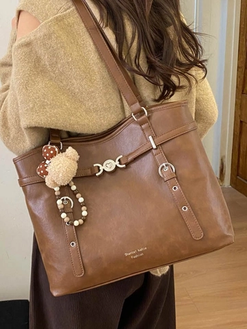 Sac Fourre-tout en Cuir PU Grande Capacité pour Femmes Avec Pendentif Ours en Peluche Sac à Épaule Minimaliste Rétro pour Navettage