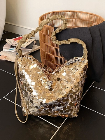 Damen Große Kapazität Pailletten Eimertasche Mit Gerüschtem Griff Mode Glitzer Hobo Shopper Für Party Lässig Schultertasche