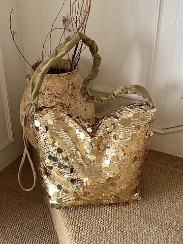 Damen Große Kapazität Pailletten Eimertasche Mit Gerüschtem Griff Mode Glitzer Hobo Shopper Für Party Lässig Schultertasche