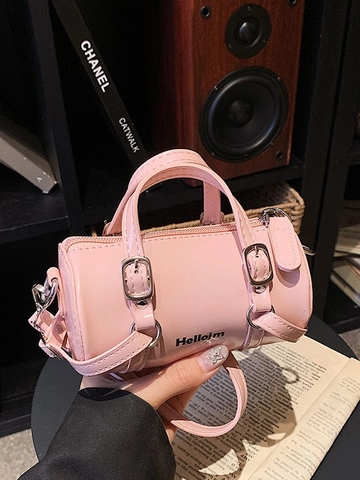 Mini Borsa a Barile a Tracolla da Donna in Pelle PU Lucida Piccola Borsa Boston Moda Tinta Unita Borsa a Spalla Con Manico