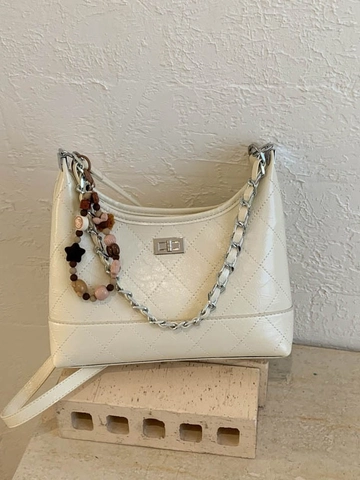 Retro Gesteppte Umhängetasche Mit Rautenmuster Für Damen PU Leder Kette Unterarmtasche Mit Perlenanhänger Tägliche Umhängetasche
