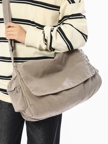 Bolso Mensajero de Lona Lavada para Mujer Estilo Relajado Gran Capacidad Bolso Bandolera Diario Casual Color Sólido Solapa