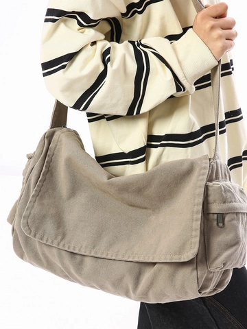 Bolso Mensajero de Lona Lavada para Mujer Estilo Relajado Gran Capacidad Bolso Bandolera Diario Casual Color Sólido Solapa