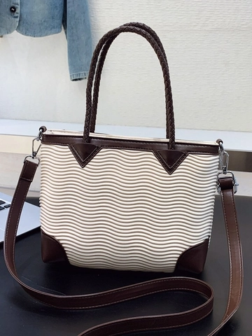 Women Vintage PU Leather Wave Texture Tote Bag Large Capacity Shoulder Bag With Woven Handle Fashion Handbag For Daily Commute