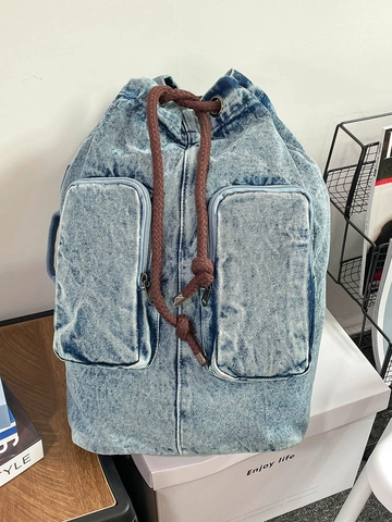 Zaino da Donna in Denim Lavato Grande Capacità Casual con Coulisse Borsa da Scuola Retro Rucksack con Tasche Anteriori