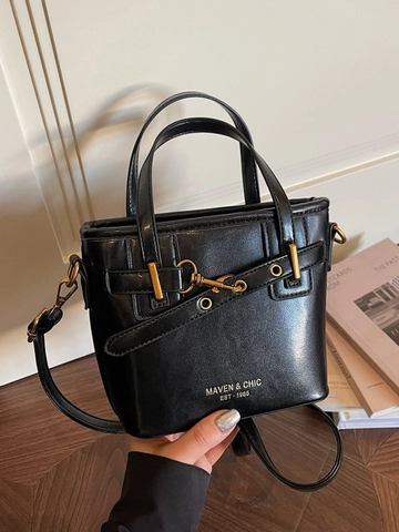 Vintage Women PU Leather Bucket Bag Stylish Commuter Shoulder Crossbody Handbag With Belt Buckle Contrast Color Tote Purse