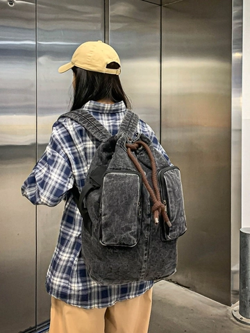 Zaino da Donna in Denim Lavato Grande Capacità Casual con Coulisse Borsa da Scuola Retro Rucksack con Tasche Anteriori