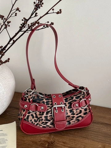Damen Vintage Leopardenmuster Unterarmtasche Retro PU Leder Schultertasche Mit Nieten Metallringen Y2K Baguettetasche