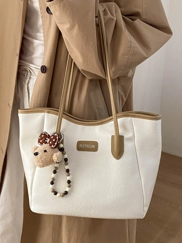 Bolso Tote de Cuero PU Minimalista de Gran Capacidad para Mujer Con Colgante de Oso Viaje Diario Bolso de Hombro Casual Color Sólido