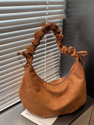 Vintage Velvet Hobo Bag For Women Soft Ruched Shoulder Strap Underarm Bag Solid Color Dumpling Shape Shoulder Bag Large