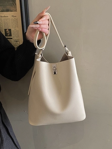 Borsa a Secchiello da Donna in Pelle PU Retrò Grande Capacità Grana Litchi Borsa a Tracolla Minimalista Borsa a Tracolla con Serratura in Metallo