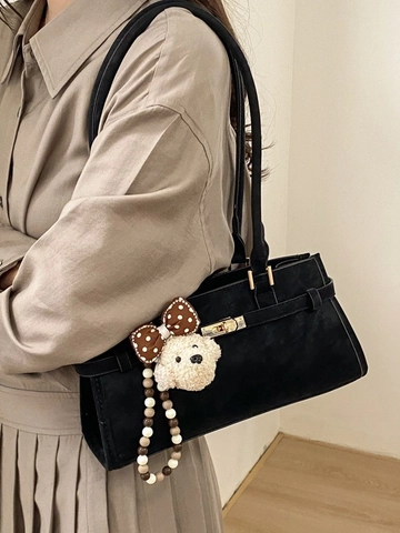 Retro Minimalist PU Leather Underarm Bag For Women Stitched Lock Solid Color Shoulder Bag With Plush Charm Vintage Handbag