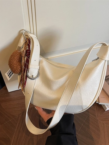 Bolso Hobo de Media Luna de Cuero PU Vintage para Mujer Casual Color Sólido Bolso de Hombro Cruzado Con Colgante de Corazón Peluche