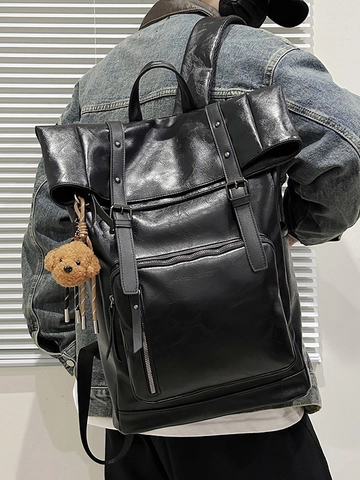 Vintage PU Leer Rugzak Dames Grote Capaciteit Roll Top Koreaanse Casual Studenten Schooltas Met Pluche Beer Hanger