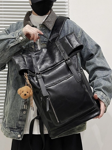 Vintage PU Leer Rugzak Dames Grote Capaciteit Roll Top Koreaanse Casual Studenten Schooltas Met Pluche Beer Hanger