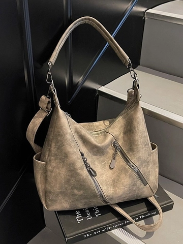 Vintage Women PU Leather Tote Bag High Capacity Versatile Shoulder Crossbody Bag With Zipper Pockets For Commuting Daily