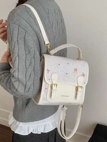 Damen College-Stil Süßer Cartoon Katze Bär Druck PU Leder Tragetasche Mode Student Rucksack Dual Use Handtasche