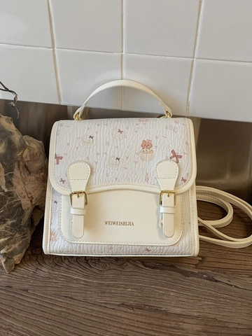 Damen College-Stil Süßer Cartoon Katze Bär Druck PU Leder Tragetasche Mode Student Rucksack Dual Use Handtasche