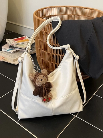 Sac Cabas en Cuir PU pour Femmes Grande Capacité Minimaliste Surpiqûres Contrastées Sac à Épaule Hobo Avec Pendentif Ours Mode Coréenne