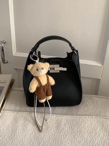 Bolso de Cubo de Mujer de Cuero de PU con Patrón de Litchi Bandolera de Hombro Retro Simple Bolso de Moda con Colgante de Oso