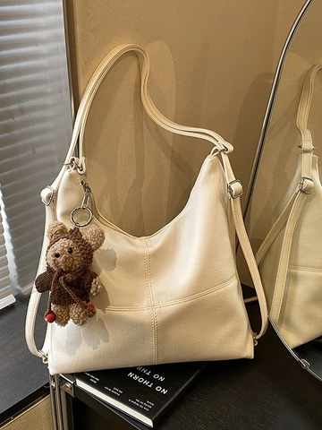 Sac Cabas en Cuir PU pour Femmes Grande Capacité Minimaliste Surpiqûres Contrastées Sac à Épaule Hobo Avec Pendentif Ours Mode Coréenne