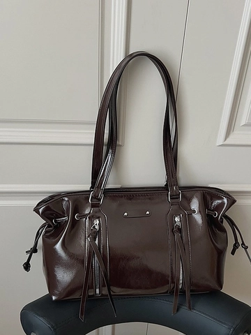 Borsa Tote Vintage In Pelle PU Lucida Da Donna Grande Capacità Borsa A Spalla Con Decorazione A Cerniera E Nappe Pendolare