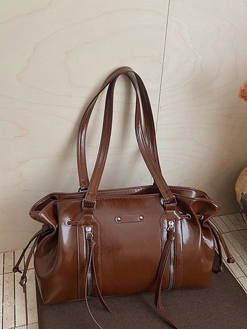 Borsa Tote Vintage In Pelle PU Lucida Da Donna Grande Capacità Borsa A Spalla Con Decorazione A Cerniera E Nappe Pendolare