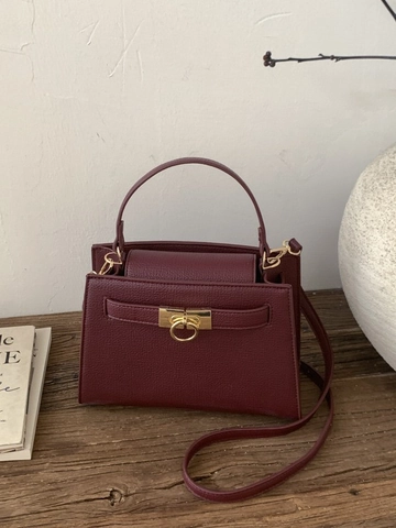 Vintage Lychee Texture PU Leather Handbag For Women Retro Urban Minimalist Metal Ring Buckle Shoulder Crossbody Bag
