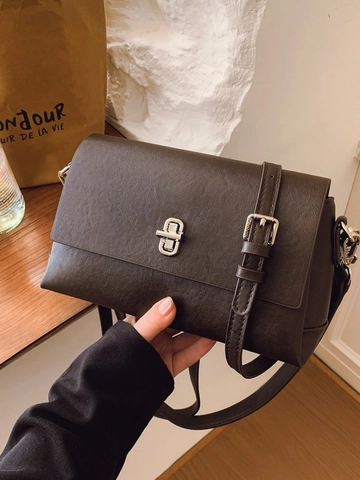 Minimalist PU Leather Small Square Shoulder Bag For Women Solid Color Crossbody Bag With Silver Turn-Lock Adjustable Strap