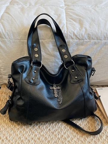 Borsa Tote in Pelle PU Decorata Con Croce Vintage per Donna Grande Capacità Gothic Punk Borsa a Tracolla Moda