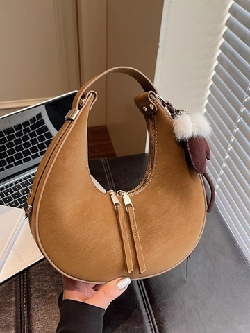 Damen Vintage PU Halbmond Achseltasche Minimalistische Schultertasche mit Plüsch Anhänger Täglich Casual Fashion Hobo Bag
