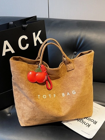 Women Large Capacity Suede Tote Bag Urban Minimalist Letter Print Handbag With Cherry Pendant Versatile Shoulder Bag