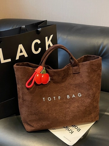 Women Large Capacity Suede Tote Bag Urban Minimalist Letter Print Handbag With Cherry Pendant Versatile Shoulder Bag