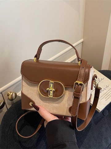 Retro PU-Leren Crossbodytas Voor Dames Kleine Vierkante Handtas Met Metalen Gesp Patchwork Contrast Kleur Schoudertas