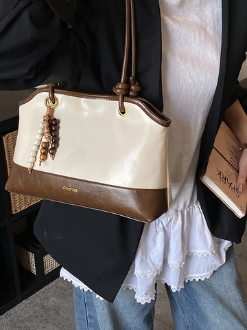 Borsa Tote in Pelle PU Vintage Grande Capacità per Donna Retro Borsa a Spalla da Pendolare Con Ciondolo di Perline