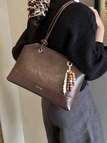 Borsa Tote in Pelle PU Vintage Grande Capacità per Donna Retro Borsa a Spalla da Pendolare Con Ciondolo di Perline