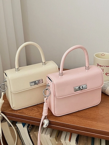 Women's PU Leather Small Square Handbag Minimalist Crossbody Shoulder Bag With Silver Metal Turn Lock And Heart Pendant