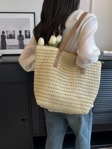 Borsa Tote in Paglia Intrecciata da Donna Grande Borsa a Spalla da Spiaggia Estiva Con Tracolle in Pelle Sintetica