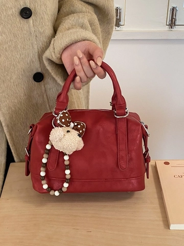 Fashion Korean Style Soft PU Leather Boston Bag For Women Trendy Stitching Handbag Versatile Shoulder Crossbody Bag With Charm