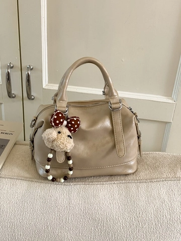 Fashion Korean Style Soft PU Leather Boston Bag For Women Trendy Stitching Handbag Versatile Shoulder Crossbody Bag With Charm