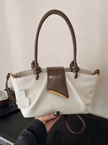Fashion PU Leather Patchwork Bucket Bag For Women Retro Knot Handle Shoulder Bag Contrast Color Large Capacity Handbag