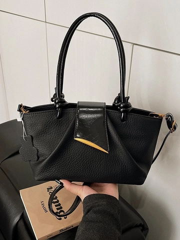 Fashion PU Leather Patchwork Bucket Bag For Women Retro Knot Handle Shoulder Bag Contrast Color Large Capacity Handbag